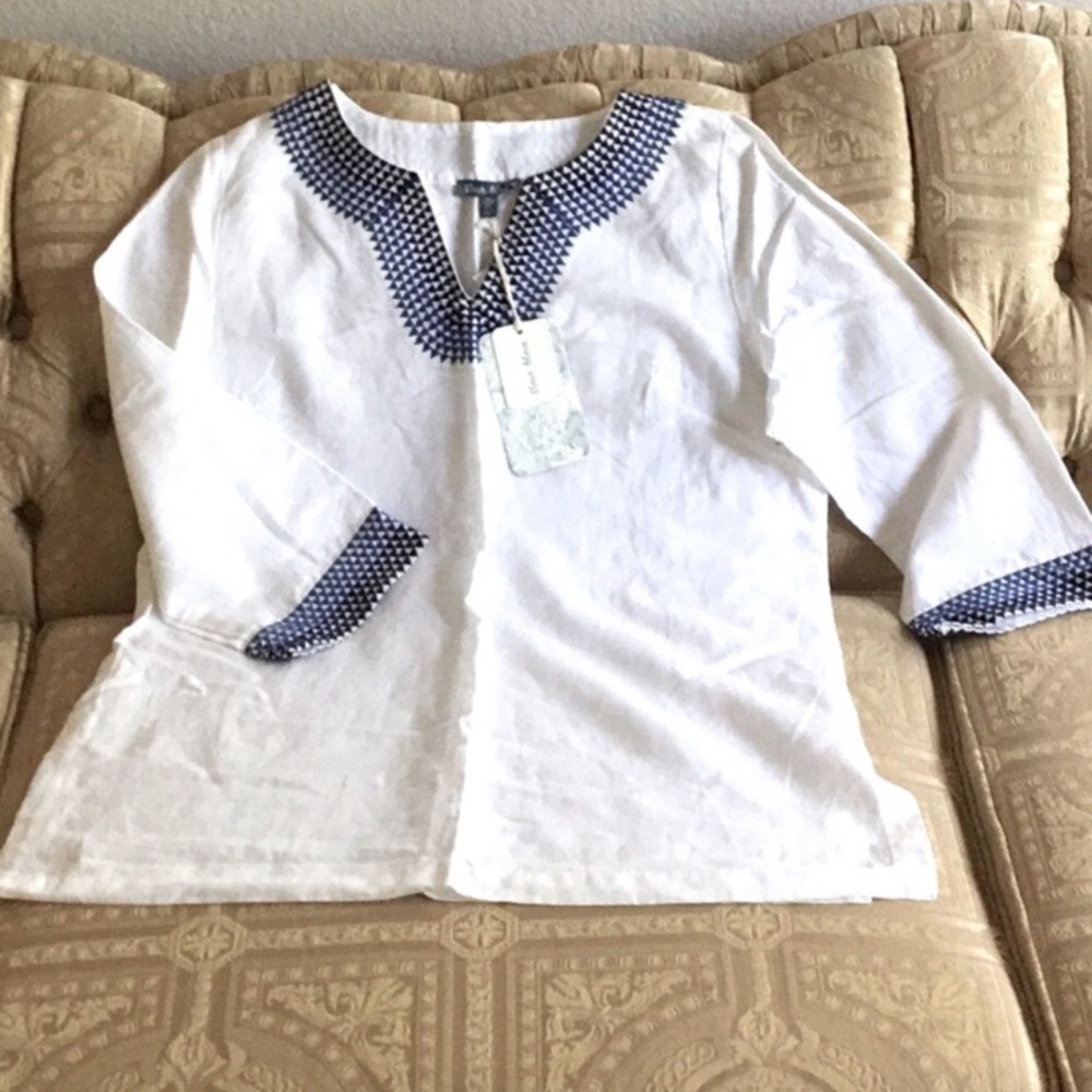 White Blue embroidered Linen Blend Tunic top Split Neck Three quarters Sleeve